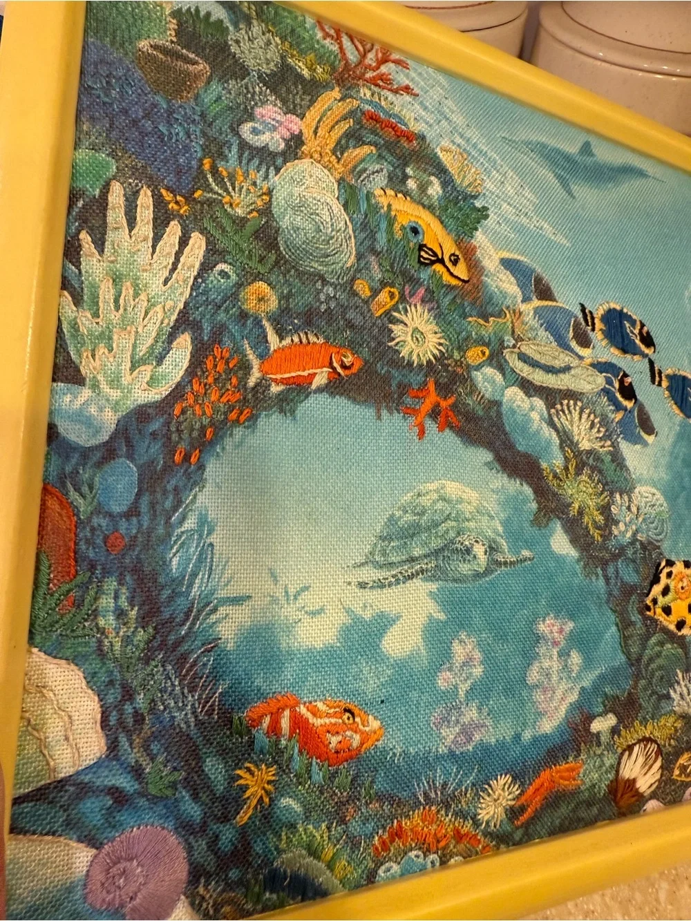 Unique Tropical Fish Reef Needle Point Embroidered Wall Art in Blue and Yellow